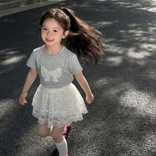 女童韩系套装2026新款女孩蝴蝶结刺绣短袖T恤儿童夏装波点半身裙