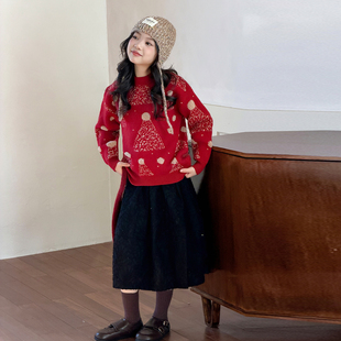 儿童圣诞风红色毛衣女童新年针织衫加厚保暖套头上衣可外穿内搭冬