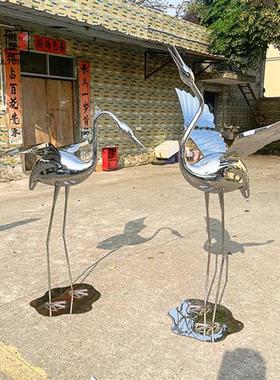 现货不锈钢仙鹤雕塑镜面草坪水池园林景观装饰抽象白鹭火烈鸟摆件
