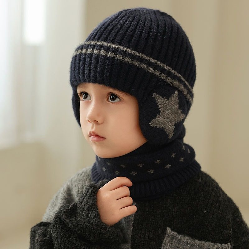 儿童秋冬帽子针织帽防寒保暖围脖毛线帽户外男女童宝宝套头护耳帽