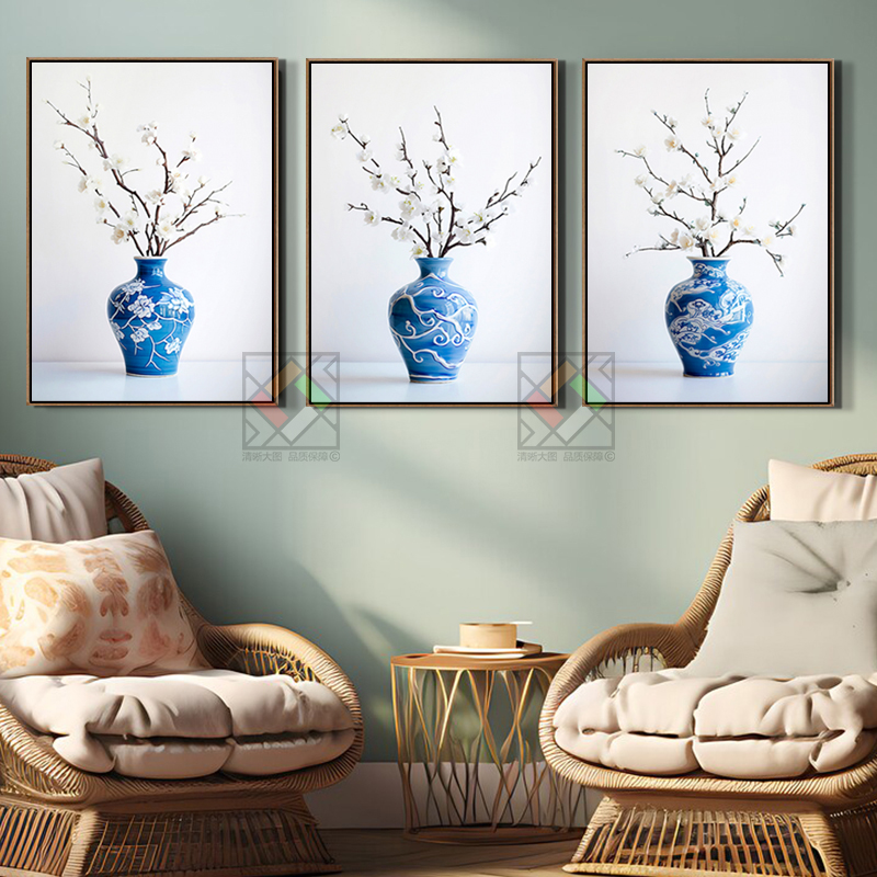 新中古风青花瓷瓶装饰画植物腊梅花枝壁挂画高级感茶室背景墙壁画