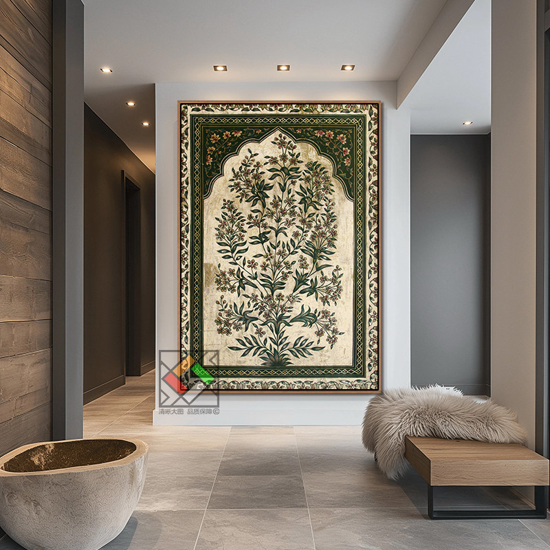 复古花卉竖版墙画侘寂风餐厅玄关