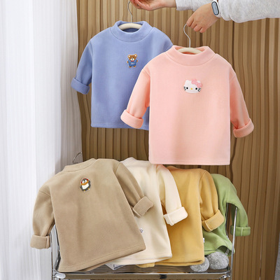 新款儿童580g双面奥粒绒打底衫秋冬加绒加厚保暖T恤男童女童卫衣