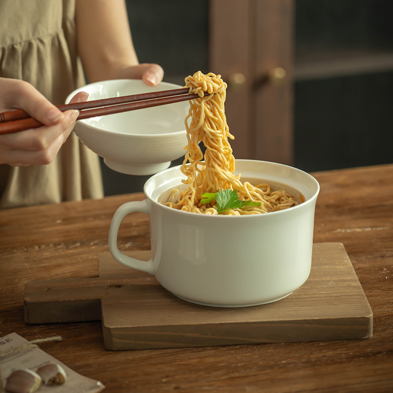 带盖泡面碗防烫单耳陶瓷碗打饭碗