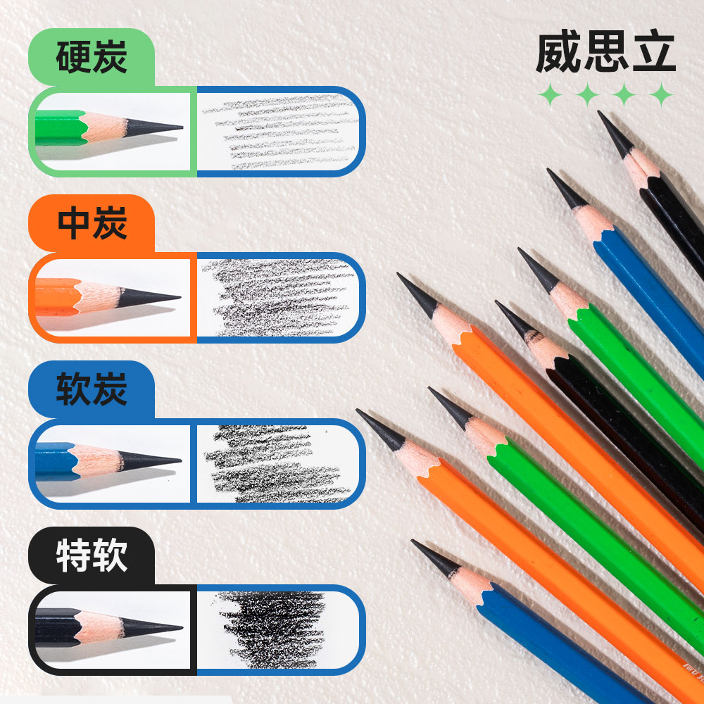 威思立炭笔美术生专用素描软炭笔特软中硬套装速写笔铅笔学生绘画