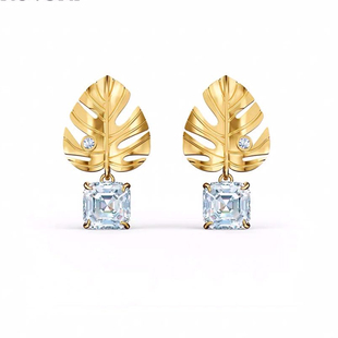 超大方钻银杏叶玫瑰金女耳饰耳钉耳环网红同款镶嵌施华洛水钻