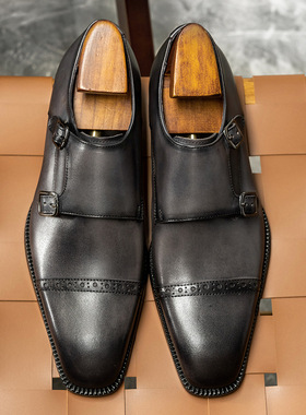 双搭扣雕花皮鞋2024新款纯皮灰色三接头小方头孟克鞋商务鞋子