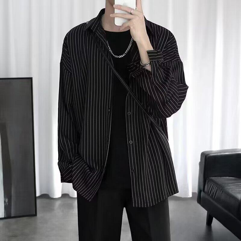 日系男装男士条纹长袖衬衫痞帅夏季ins潮流休闲百搭高级感衬衣