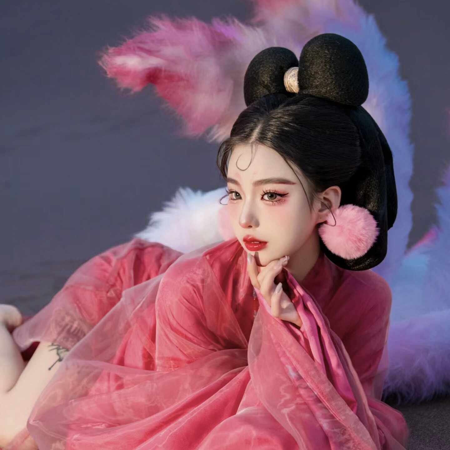 新款古装摄影配饰古风舞蹈演出毛球耳饰粉红色妲己毛毛耳环饰品女