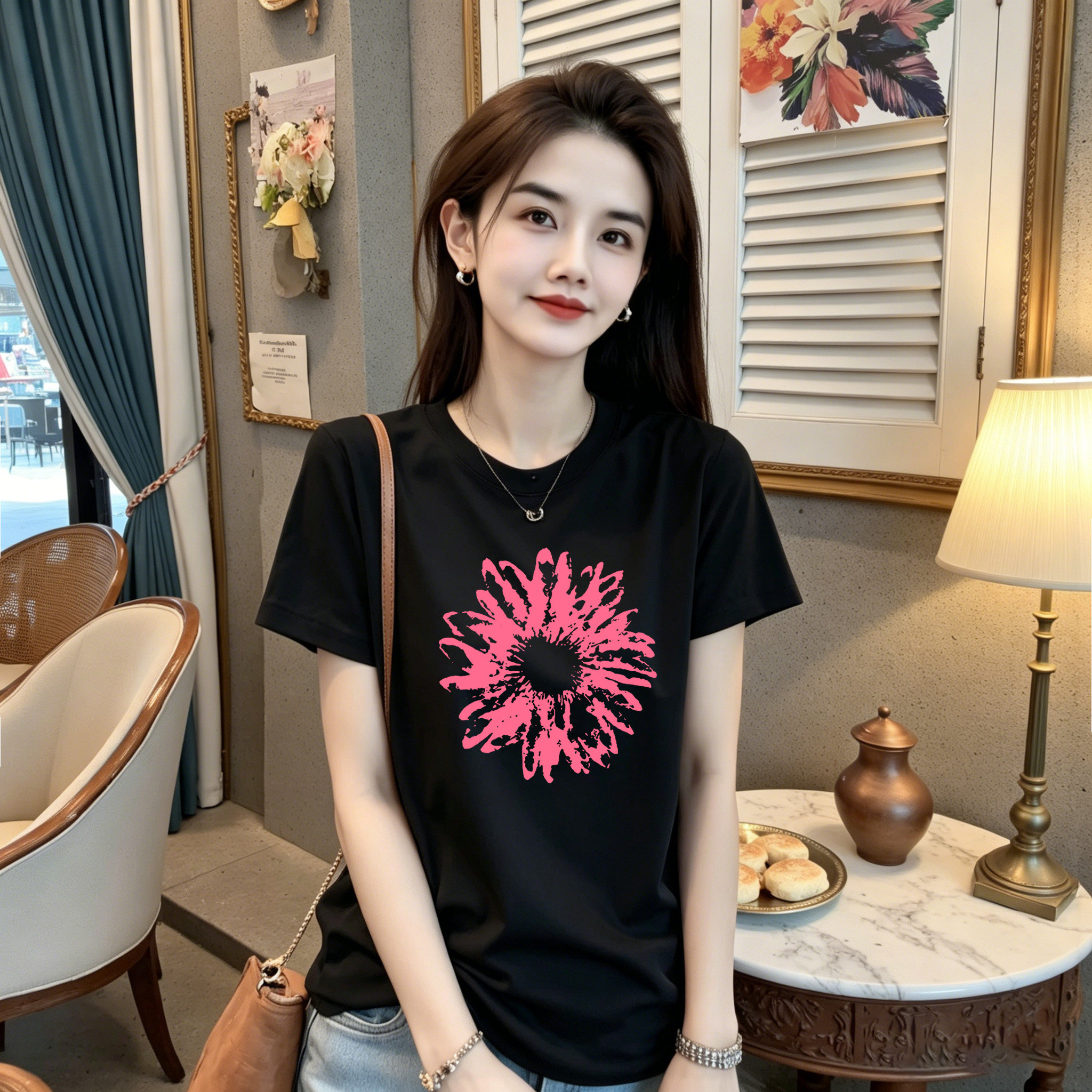 李西西【夏日葵花】纯棉正肩时尚休闲百搭短袖T恤女款显瘦上衣