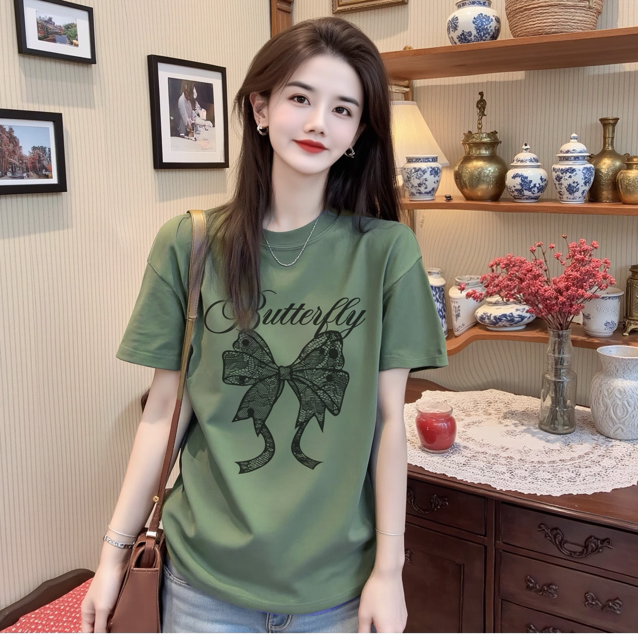 李西西【蕾丝蝴蝶】纯棉宽松显瘦短袖T恤印花圆领时尚休闲百搭