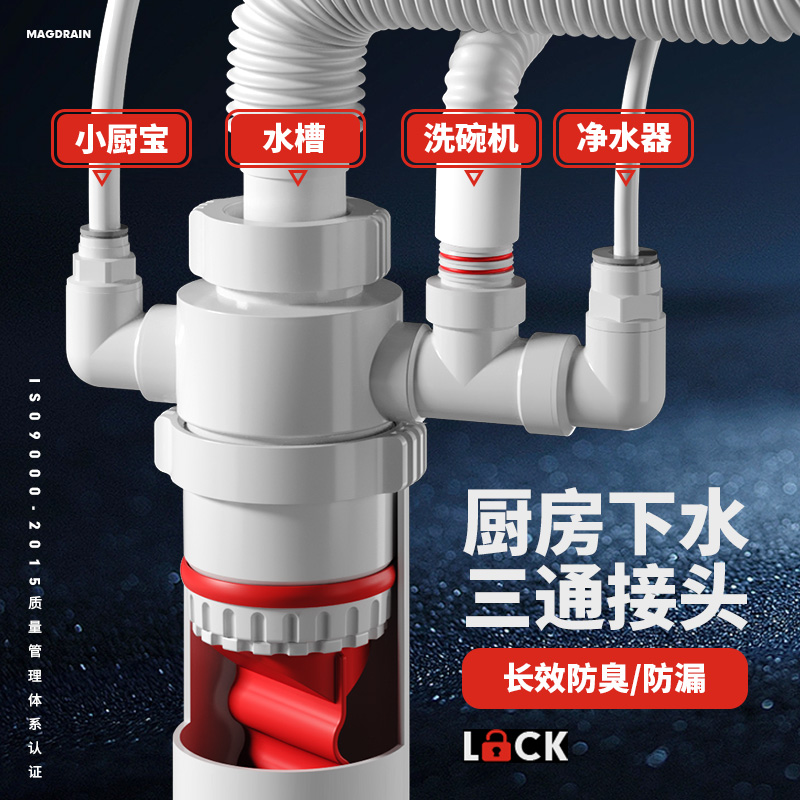 厨房洗菜盆水槽下水防臭三通神器