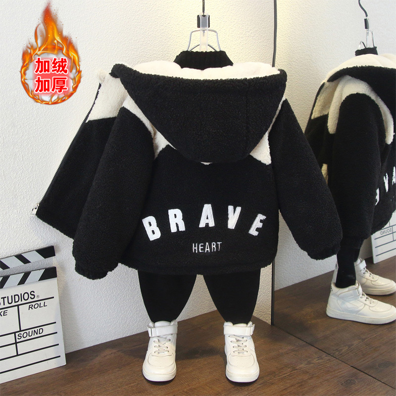 男童冬季毛毛衣加绒新款儿童连帽洋气外套女童加厚保暖棉衣潮绒质