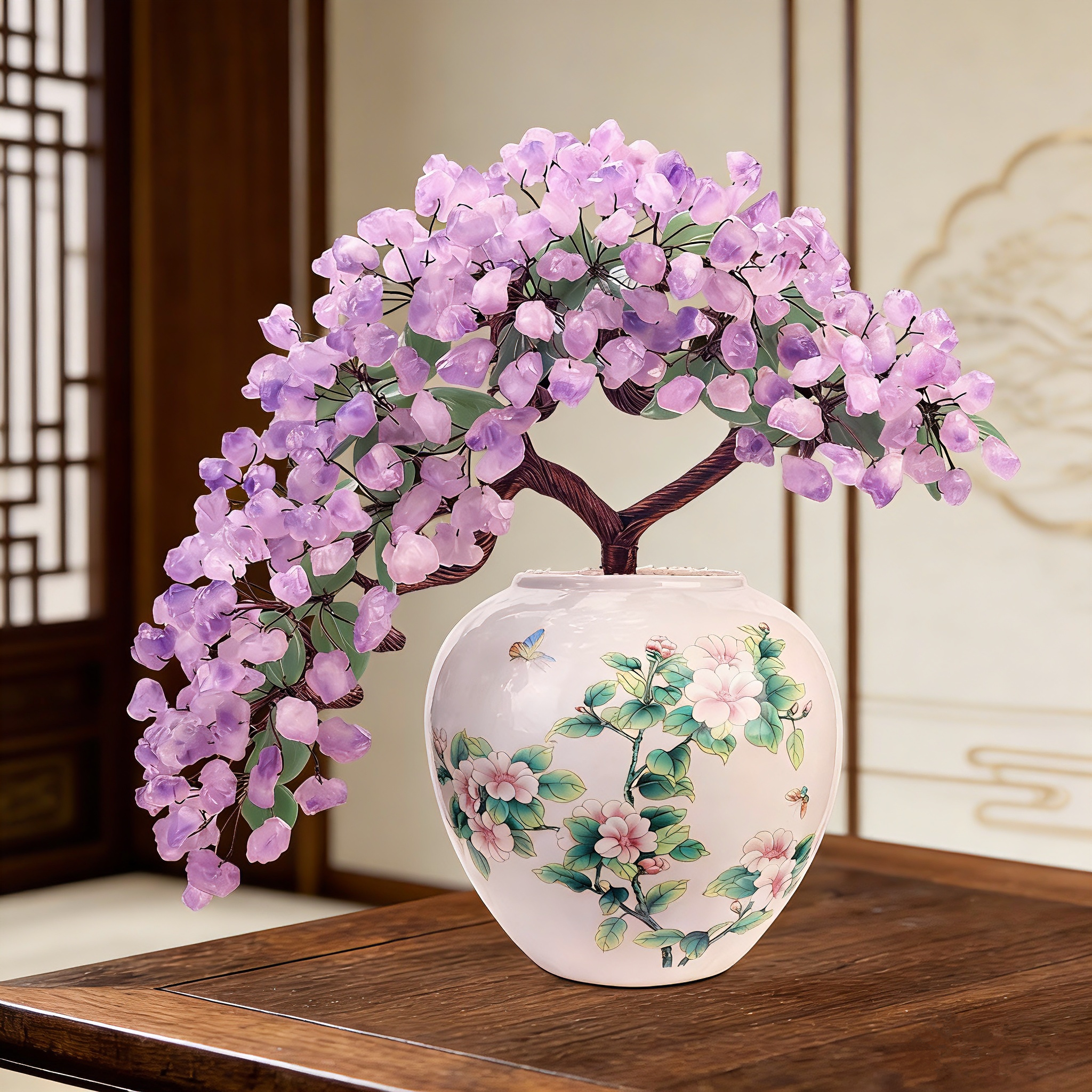 天然玉器紫水晶轻奢新家乔迁工艺品电视柜玄关别墅轻奢发财树摆件