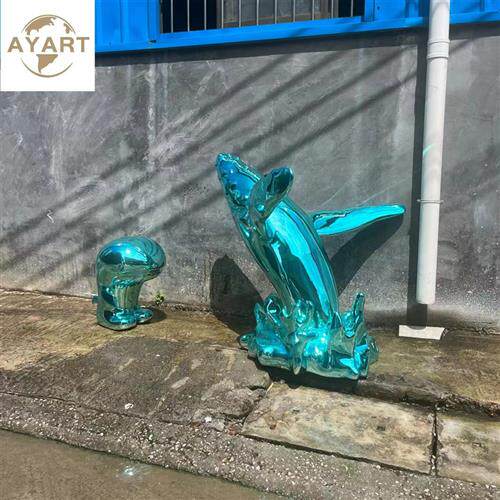 创意鲸鱼落地摆件海豚雕塑售楼处大堂酒店玻璃钢电镀美陈艺术装置