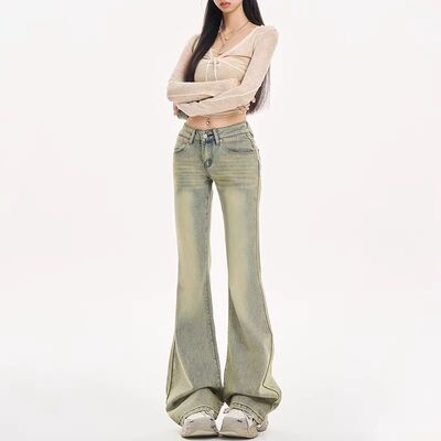 美式复古喇叭牛仔裤女春秋新款低腰宽松拖地黄泥色不贴腿微喇裤子