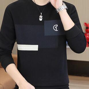 高端圆领休闲套头卫衣男春秋新款修身打底衫潮流男士长袖T恤上衣