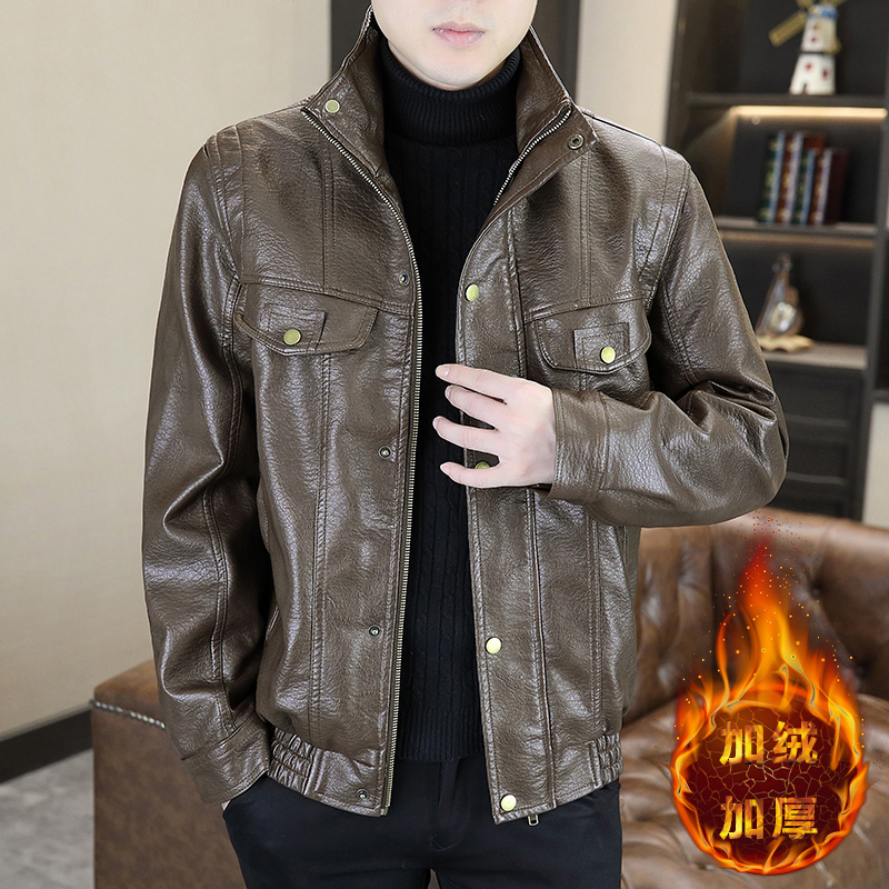 加绒保暖立领真皮皮衣男