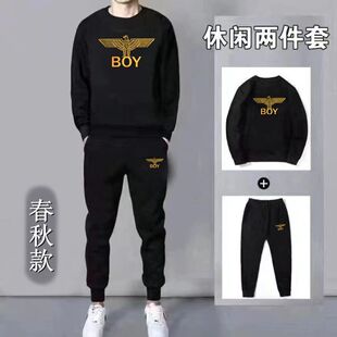 高端潮牌卫衣套装男纯棉2026春秋新款潮流印花帅气百搭休闲两件套