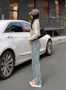 纯家季高腰直筒牛仔裤女2025哥春新宽松款显瘦复古浅色阔腿拖IBX