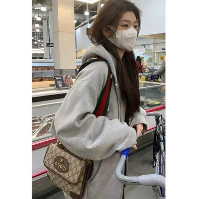 开卫衣外女士春秋款冬加季绒套慵懒灰色小个子拉abc链即墨宽松连