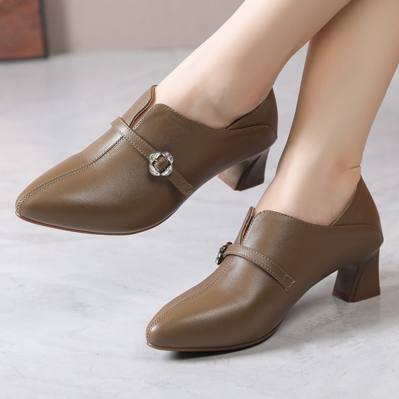 真皮深口单鞋女2025春秋新款粗跟尖头百搭一脚蹬中跟英伦风小皮鞋,女鞋,深口单鞋,淘宝优惠券,粉丝福利购,淘宝优惠卷
