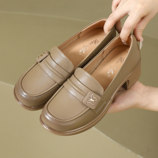女粗跟一脚蹬真皮软皮软底单鞋 秋季 英伦风小皮鞋 厚底乐福鞋 子 新款