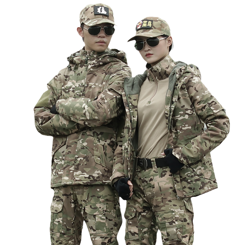加绒迷彩服套装男冬加厚耐磨战术军迷服装登山工作服冲锋衣外套女