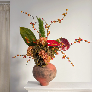 陶瓷橘红色大肚花瓶花束套装景德镇艺术感玄关装饰高级感创意家居