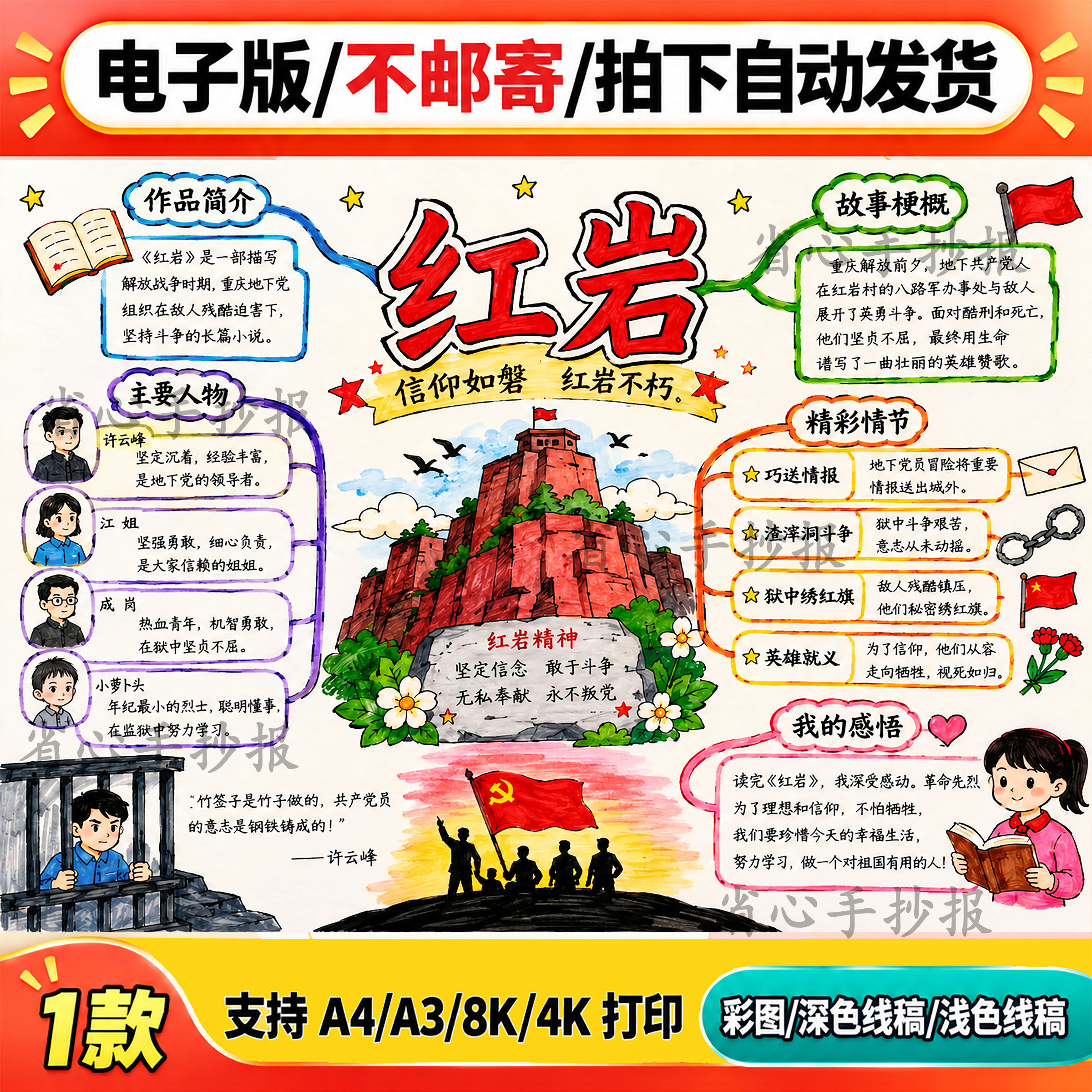 红岩思维导图手抄报电子版A4A3学生作业模板彩色黑白线稿可打印
