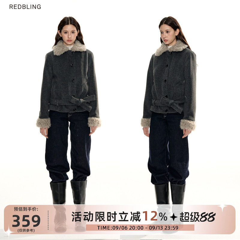 RedBling 原创设计灰色复古正肩绑带毛呢外套女冬季短款棉服外衣