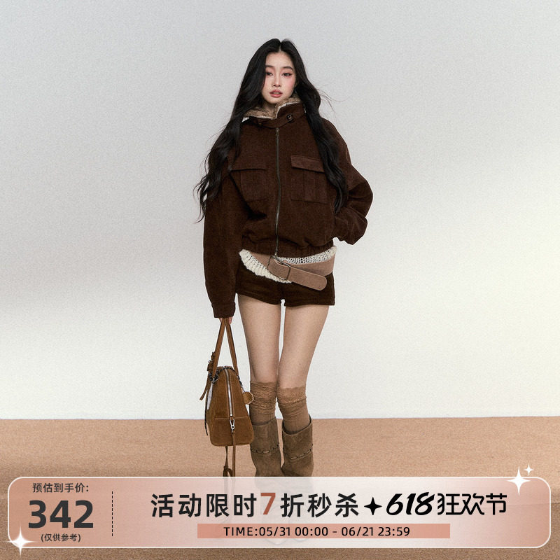 RedBling 原创设计美式复古深咖麂皮外套秋冬款毛领短款夹克上衣