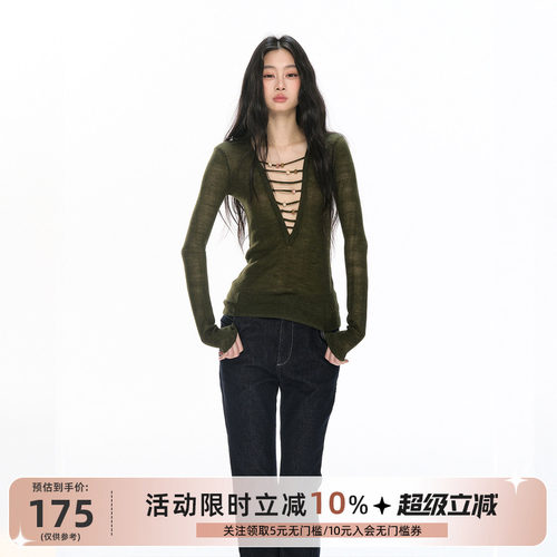 RedBling 原创设计新款美式辣妹毛衣修身镂空绑带设计感长袖上衣