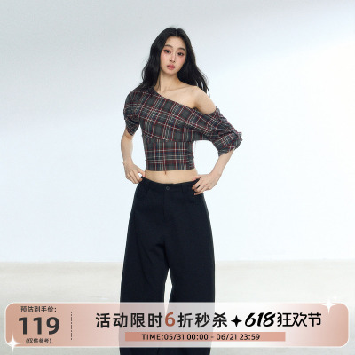RedBling 原创新款设计感小众复古格子斜肩短袖T恤短款衬衫上衣女