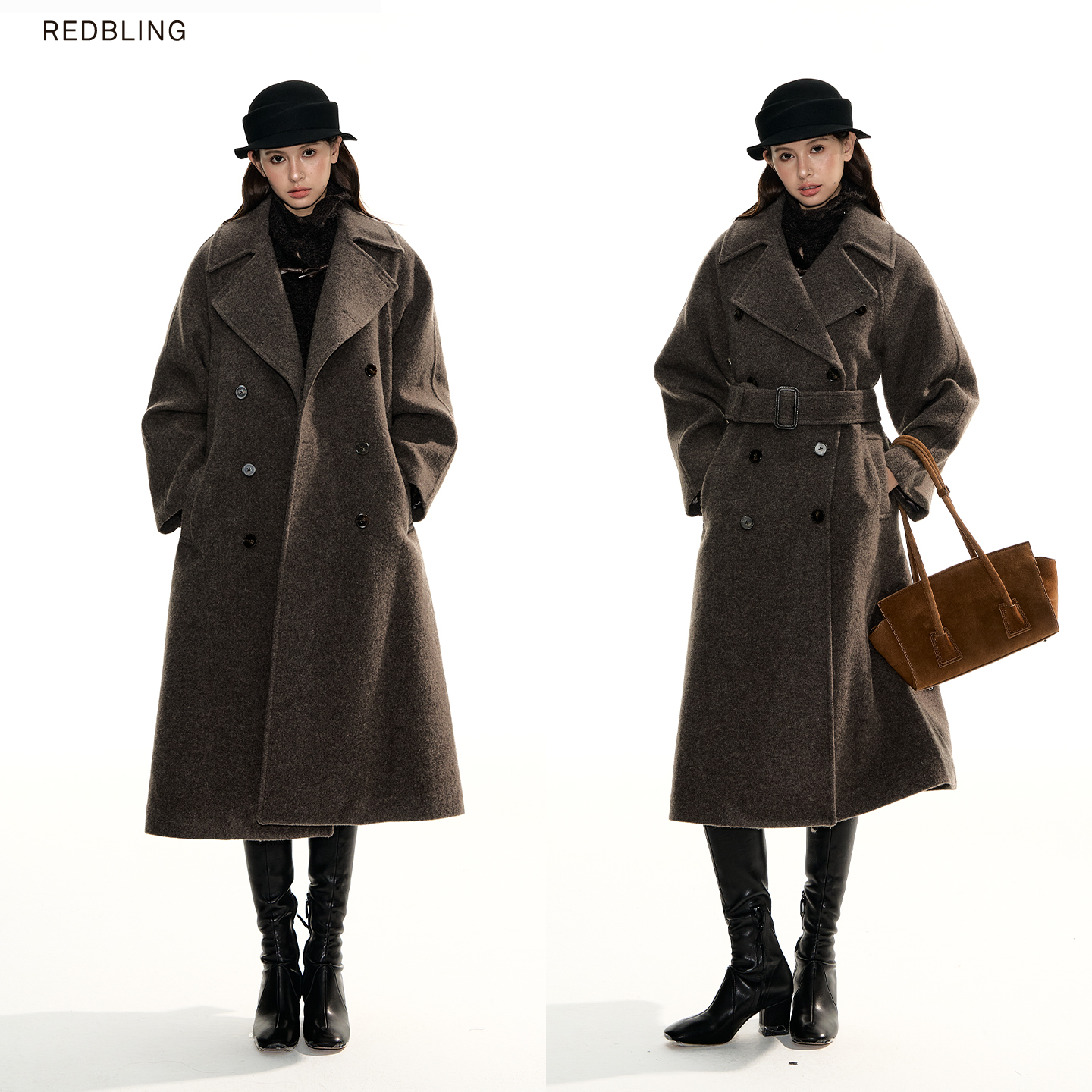 RedBling 原创设计灰驼色翻领廓形大衣女冬季长款双排扣毛呢外套