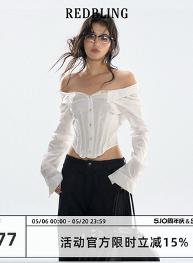 RedBling 原创设计白色休闲长袖一字肩鱼骨衬衫短款修身气质上衣