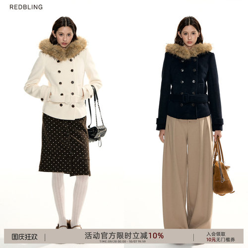 RedBling 原创设计藏蓝白双排扣短款连帽毛呢外套女收腰冬季上衣
