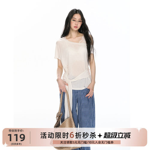 RedBling 原创设计新款网纱莱赛尔短袖T恤三色斜肩上衣打底衫女