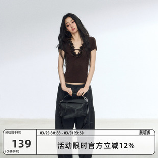 短款 RedBling T恤小众百搭显瘦修身 木耳花边短袖 别致上衣 原创新款