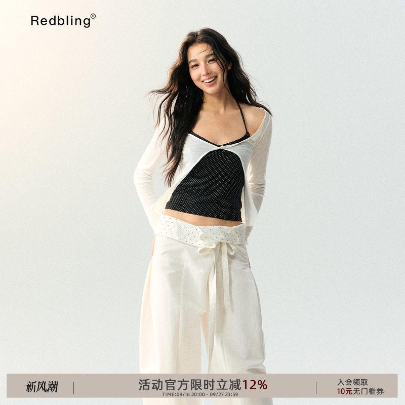 RedBling 原创设计分体式真两件套装挂脖波点吊带辣妹风镂空罩衫