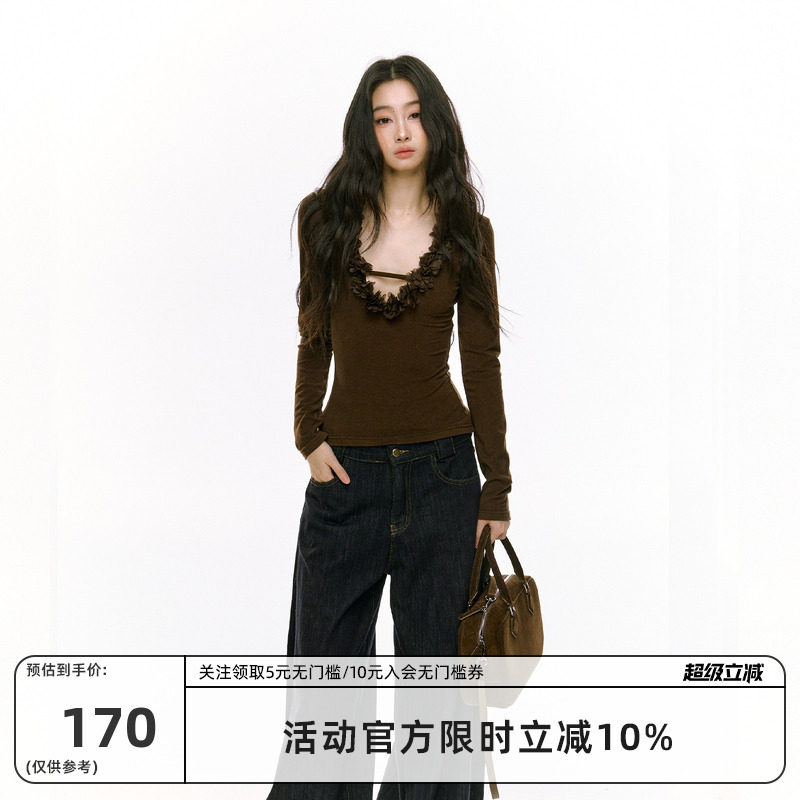 RedBling 原创设计秋冬新款纯欲性感辣妹修身显身材v领打底衫上衣