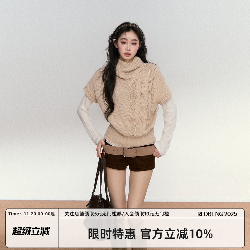 RedBling 原创设计卡其色中袖针织毛衣秋冬新款慵懒风百搭上衣女