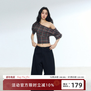 衬衫 RedBling T恤短款 设计感小众复古格子斜肩短袖 上衣女 原创新款