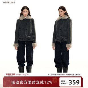 RedBling 原创设计灰色复古正肩绑带毛呢外套女冬季短款棉服外衣