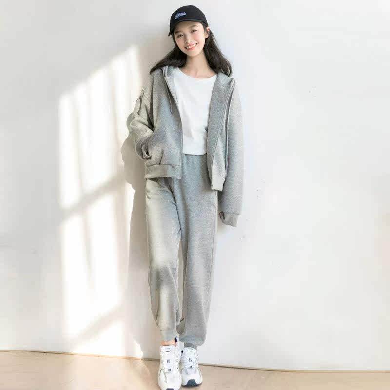 秋冬休闲运动套装女学生减龄宽松显瘦拉链开衫连帽卫衣卫裤两件套