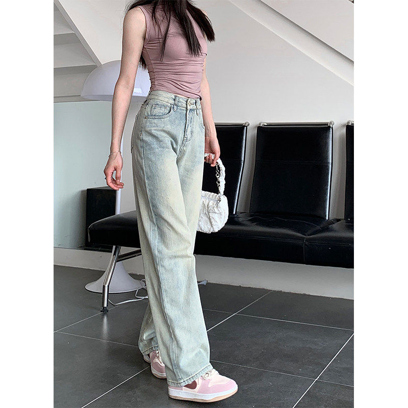 浅色窄版阔腿牛仔裤女小个子夏季新款高腰宽松2025直筒拖地裤子薄