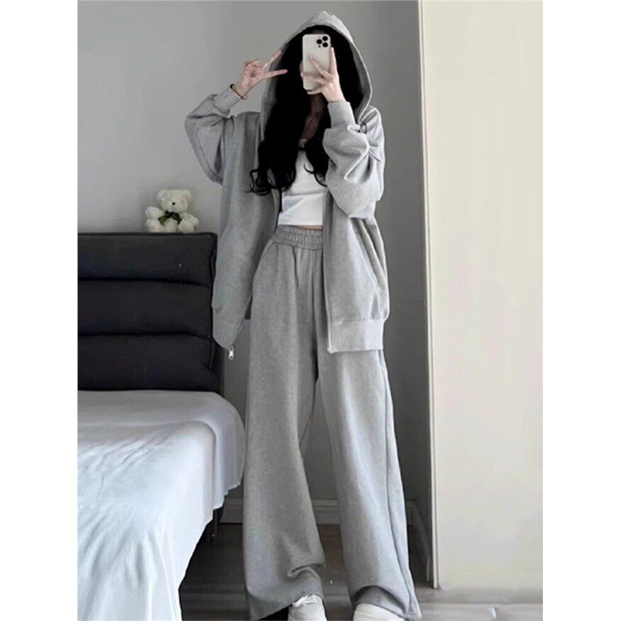 胖mm休闲运动套装女春秋大码300斤韩版学生连帽卫衣两件套阔腿裤