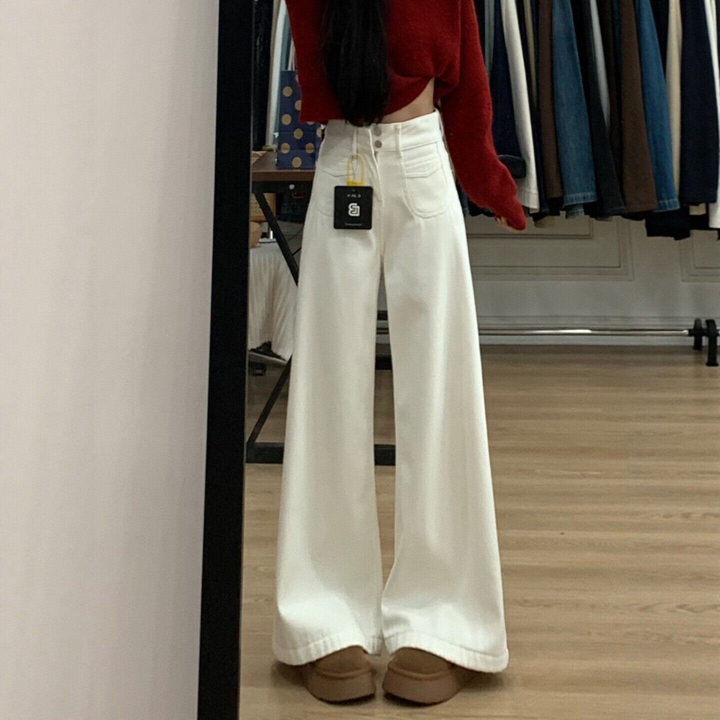 白色直筒牛仔裤女冬季加绒大码胖mm高腰梨型身材显瘦宽松阔腿裤子