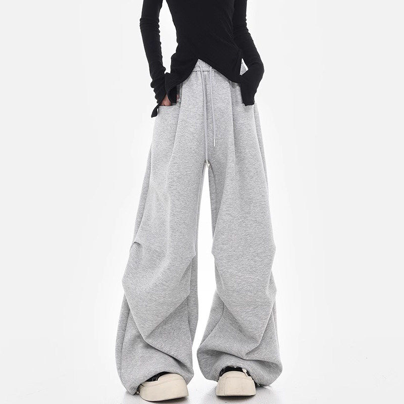 大码灰色加绒运动裤女春季2026新款胖mm休闲直筒卫裤工装阔腿裤子