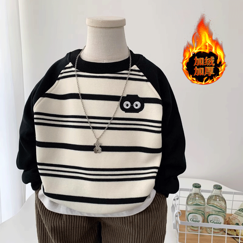 男童一体绒卫衣洋气条纹儿童纯棉插肩袖套头衫秋冬季打底加绒